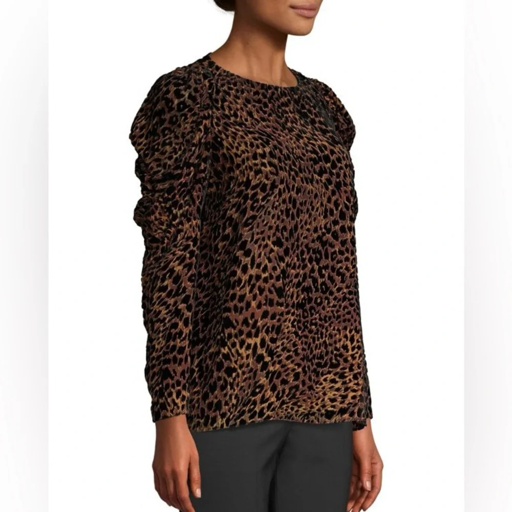 Elie Tahari Blouse Noelle Brown Leopard print Velvet puff Sleeves Size M - Picture 2 of 10